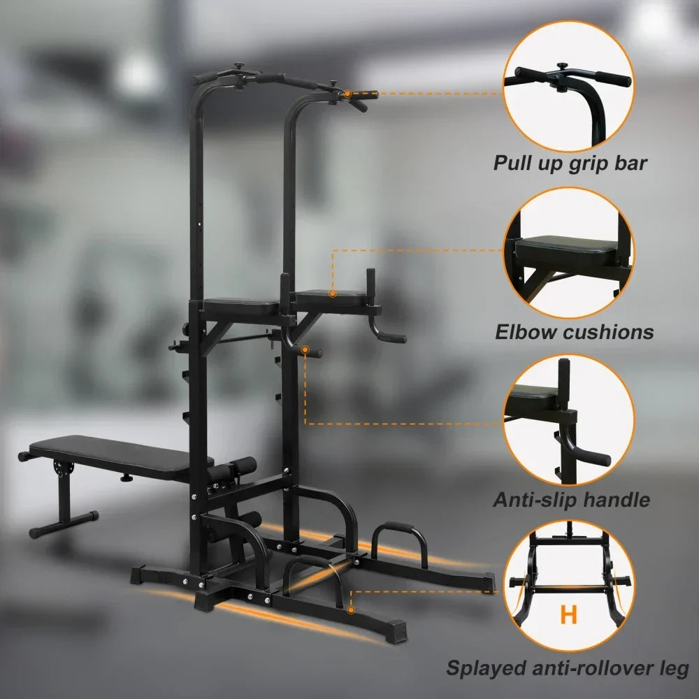 Dip Station with Bench Pull Up Bar Stand Adjustable Height Multi-Function Fitness